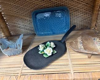 Blue serving tray, pottery, grill and capo diamante flowers