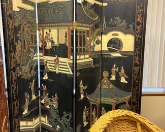 4 Panel Chinese black lacquer hand painted carved screen/divider, gold painted birds as border on all panels