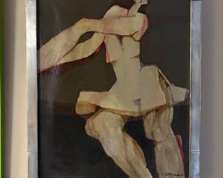 Vintage semi-abstract figurative painting titled Senoritas by Swedish Artist Ivar Morsing from 1957