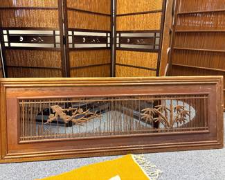 Antique Japanese Ranma transom features intricate botanical carvings framed in wood. 49”x17”. 2 sold individually.