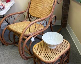 Antique Bentwood Rocker with caned seat and back. Bentwood foot stool or table
