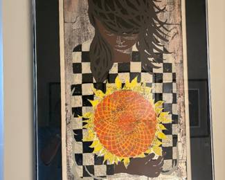 Limited edition woodblock print titled "Girl with Sunflower" by artist Tadashi Nakayama