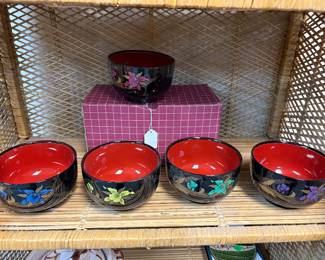 Red and Black Lacquer bowls - set of 5 featuring different colors of orchids - melamine covered in durable laquer