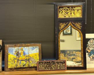 19th century antique, three hand painted Mojolica tiles as found,, Antique Chinoiserie mirror featuring a black lacquer frame with gold hand painted details, Chinese high-relief carved wood panel depicting palace scenes (2)
