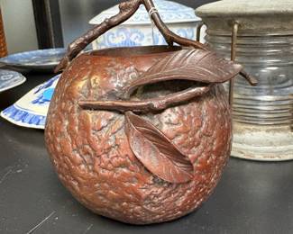 Japanese Copper incense burner with handle used to hang on wall or sit on table. Back is flat