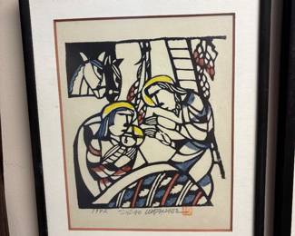 Stencil woodblock print titled “The Nativity”by Japanese artist Sadao Watanabe 1982. Signed in English and Japanese 11”x14”