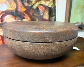 Vintage Naga Lidded wooden bowl used as a kitchen container or spice or dough bowl, handcrafted by the Naga people northeastern India