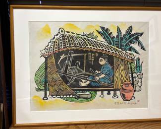 Woodblock print created by the Okinawa artist Hiroshima Gima “Bashofu no Sato 28”x22” signed
