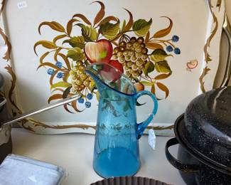 Blue art glass and vintage tray