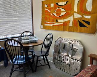 Birdcage Table 4 Windsor chairs , woven wall hanging or rug, Metal art signed.