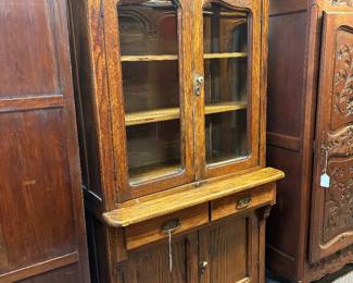 Antique Oak Kitchen Cabinet with scroll carved top. 36”x73”
