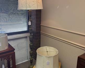 Hollywood Regency brass floor lamp and painted shade tone on tone