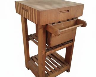 Wooden Butcher Block Kitchen Island with Shelving and Side Rack