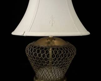 Vintage Mid Century Modern Brass Chain or Wire Mesh Hollywood Regency Table Lamp with Embroidered Shade second image