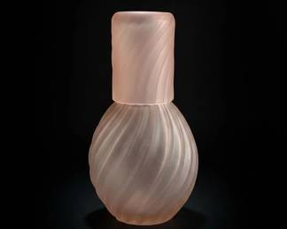 Frosted Pink Glass Swirl Carafe and Dish Set