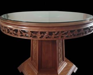 Chinese Rosewood Carved Dining Table with Glass Top