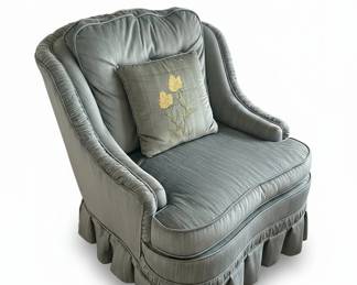 Vintage Upholstered Accent Chair with Floral Needlepoint Pillow second image