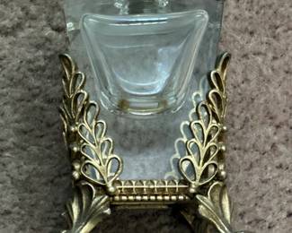 Vintage Regency Vanity Rose Motif Ormolu Style Gold Glass Ornate Perfume Bottle second image
