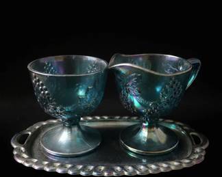 Carnival Glass Grape Pattern Footed Compote Set with Tray