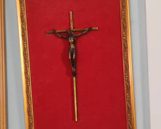 Framed Bronze Corpus Crucifix on Red Velvet