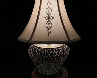 Vintage Mid Century Modern Brass Chain or Wire Mesh Hollywood Regency Table Lamp with Embroidered Shade third image
