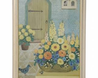 Framed Print of a Courtyard with Flowers and a Pigeon