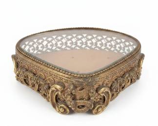 Vintage Ormolu Filigree Vanity Tray with Amber Glass