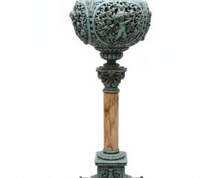 Ornate Cast Metal Table Lamp with Cherub Motif, Likely Victorian Electrified Oil Lamp