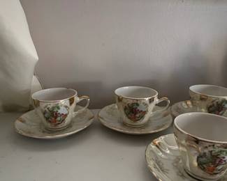 Vintage Japanese Porcelain Tea Set with Courting Couple Scene and Gilded Trim third image