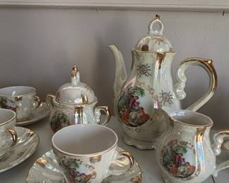 Vintage Japanese Porcelain Tea Set with Courting Couple Scene and Gilded Trim