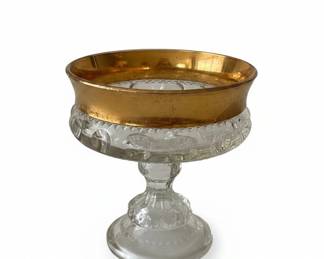 Indiana Glass Kings Crown Thumbprint Compote Dish with Gold Rim