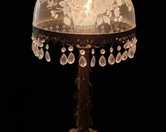 Victorian Etched Glass Table Lamp with Crystal Prisms