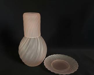 Frosted Pink Glass Swirl Carafe and Dish Set third image
