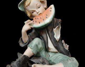 Giuseppe Capp Capodimonte Porcelain Figurine of a Boy Eating Watermelon