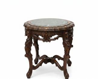 Victorian Style Carved Mahogany and Marble Top Side Table with Acanthus Leaf Carvings