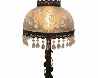 Victorian Style Floral Etched Glass Hurricane Lamp with Crystal Prisms