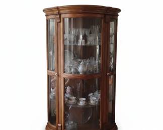 Vintage Oak Curved Glass Curio Cabinet by Pulaski