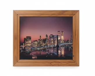 New York City Skyline with Twin Towers and Brooklyn Bridge at Dusk Framed Print