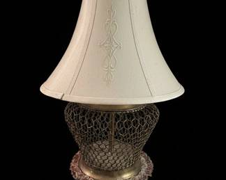 Vintage Mid Century Modern Brass Chain or Wire Mesh Hollywood Regency Table Lamp with Embroidered Shade
