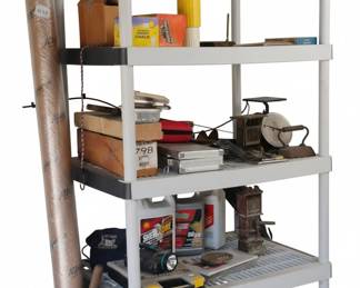Assorted Garage and Workshop Items with Heavy Duty Plastic Shelving Unit