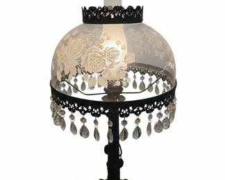 Victorian Style Floral Etched Glass Hurricane Lamp with Crystal Prisms second image