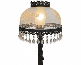 Victorian Style Floral Etched Glass Hurricane Lamp with Crystal Prisms fourth image