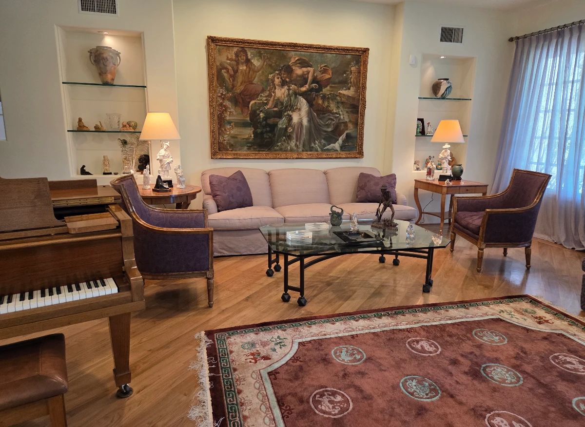 Silk Sofa, Heavy Glass-Top Iron-Base Coffee Table, Biedermeier-Style Side Tables, Pair Regencyu-Style Armchairs, etc.