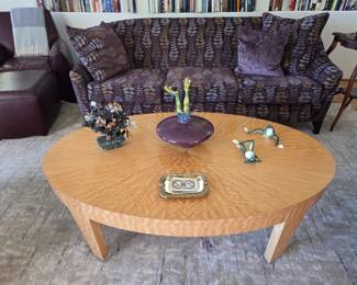 Custom Birds Eye Maple Starburst Oval Coffee Table w/ Acrylic Feet; Custom Decvo-Style Sofa