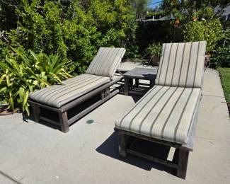 Four Teak Chaise Lounges, Two Teak Side Tables