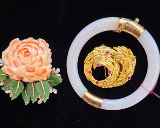Coral, Jade & Diamond Brooch; White Jade Bangle w/ 14K Gold Fittings; Sterling Silver Vermeil Brooch w/ Rubies