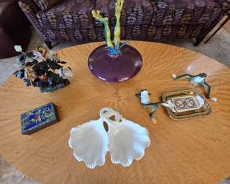 Jade Tree; Israeli Enamel Box; Brass Ashtray; Leaf Server; Signed Frog Pot
