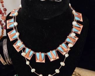Fabulous Copper-Enamel Necklace w/ a Mid Century Rhinestone Brooch and Pearl Necklace