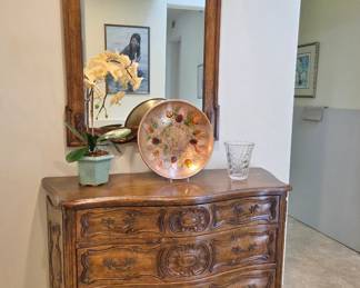French Provincial-Style Walnut Chest; Walanut Mirror; Large Copper Enamel Charger