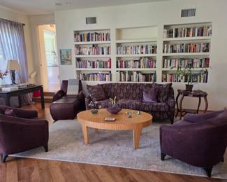 Purple Velvet Sofa w/ Pair of Purple Velvet Club Chairs; Oval Blonde Coffee Table, Leather Lounge Chair w/ Ottoman, and LOTS of Books!